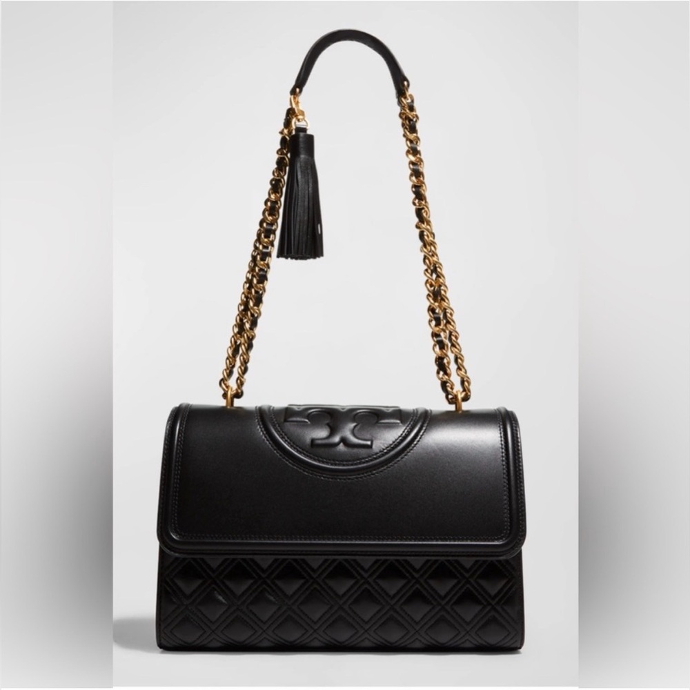 Tory Burch Medium Fleming Black Leather Quilted Shoulder Bag with Gold Chain